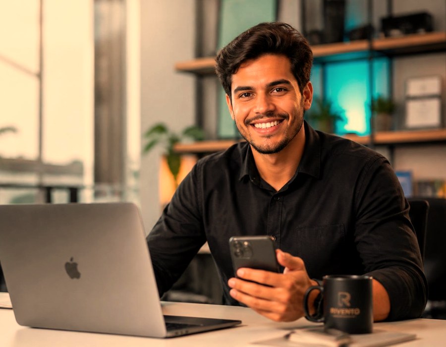 Empreendedor acompanhando a operação pelo celular e pelo notebook